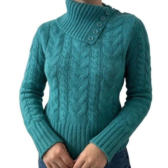 Vintage Banana Republic Teal Blue Angora Wool Cable Knit Cowl Neck Sweater Sz M - Picture 1 of 7